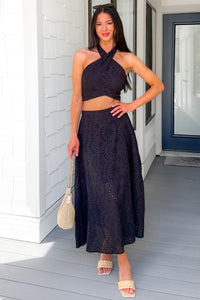 Only For You Eyelet Embroidered Halter Top & Midi Skirt Set (Black) - NanaMacs