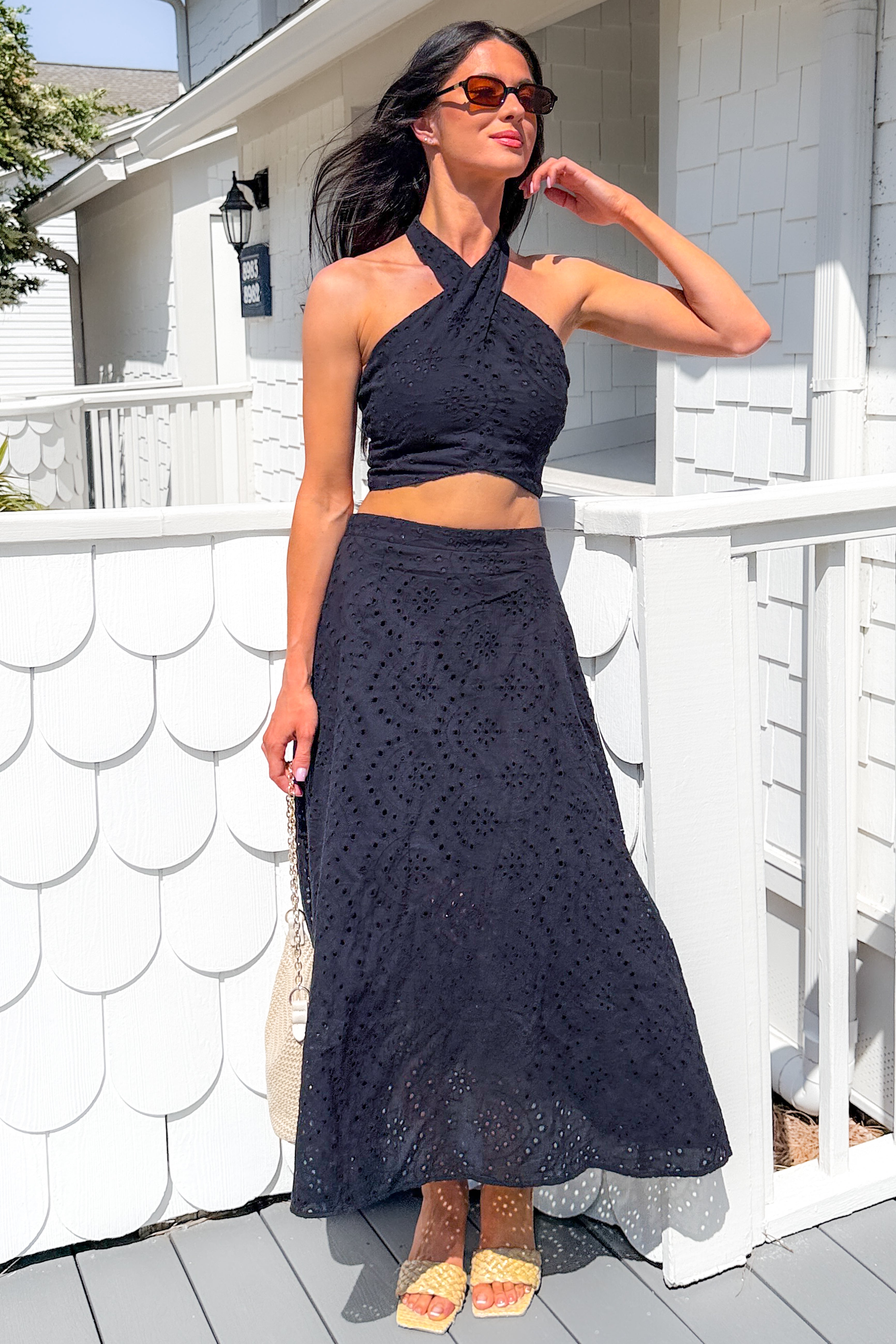 Only For You Eyelet Embroidered Halter Top & Midi Skirt Set (Black) - NanaMacs