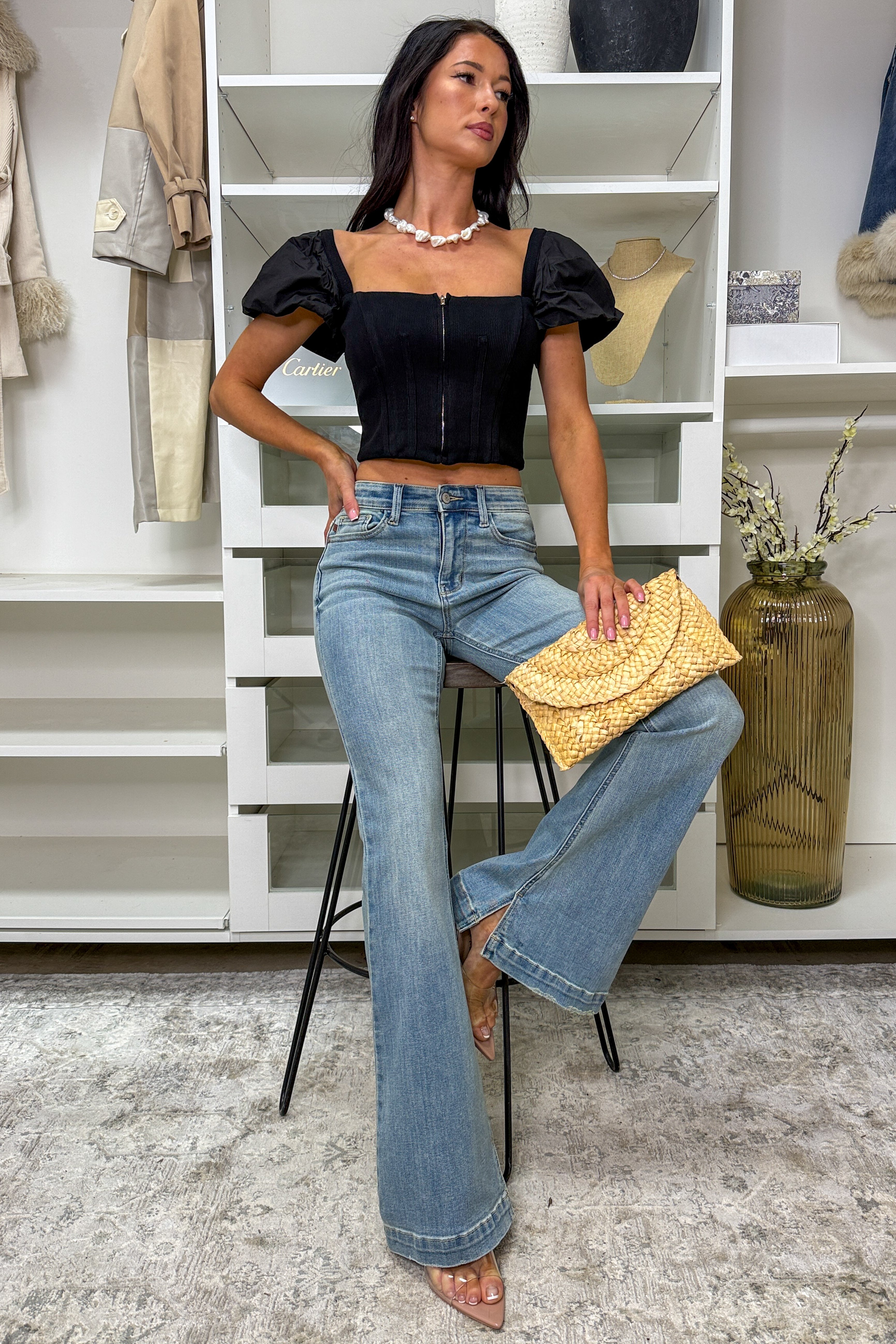Paint The Town Zipper Knit Puff Sleeve Top (Black) · NanaMacs