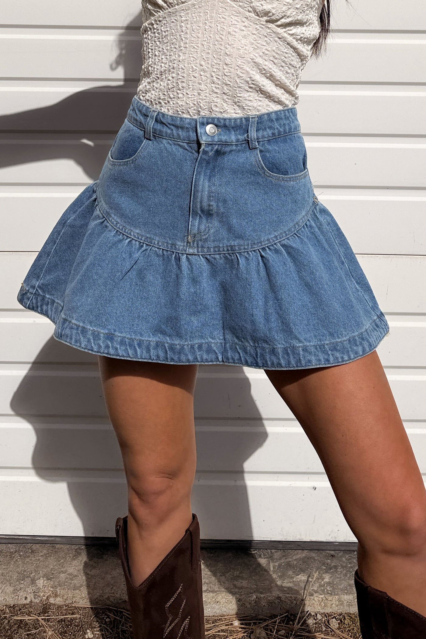 Prairie Darling Ruffle Mini Skirt (Medium Denim)
