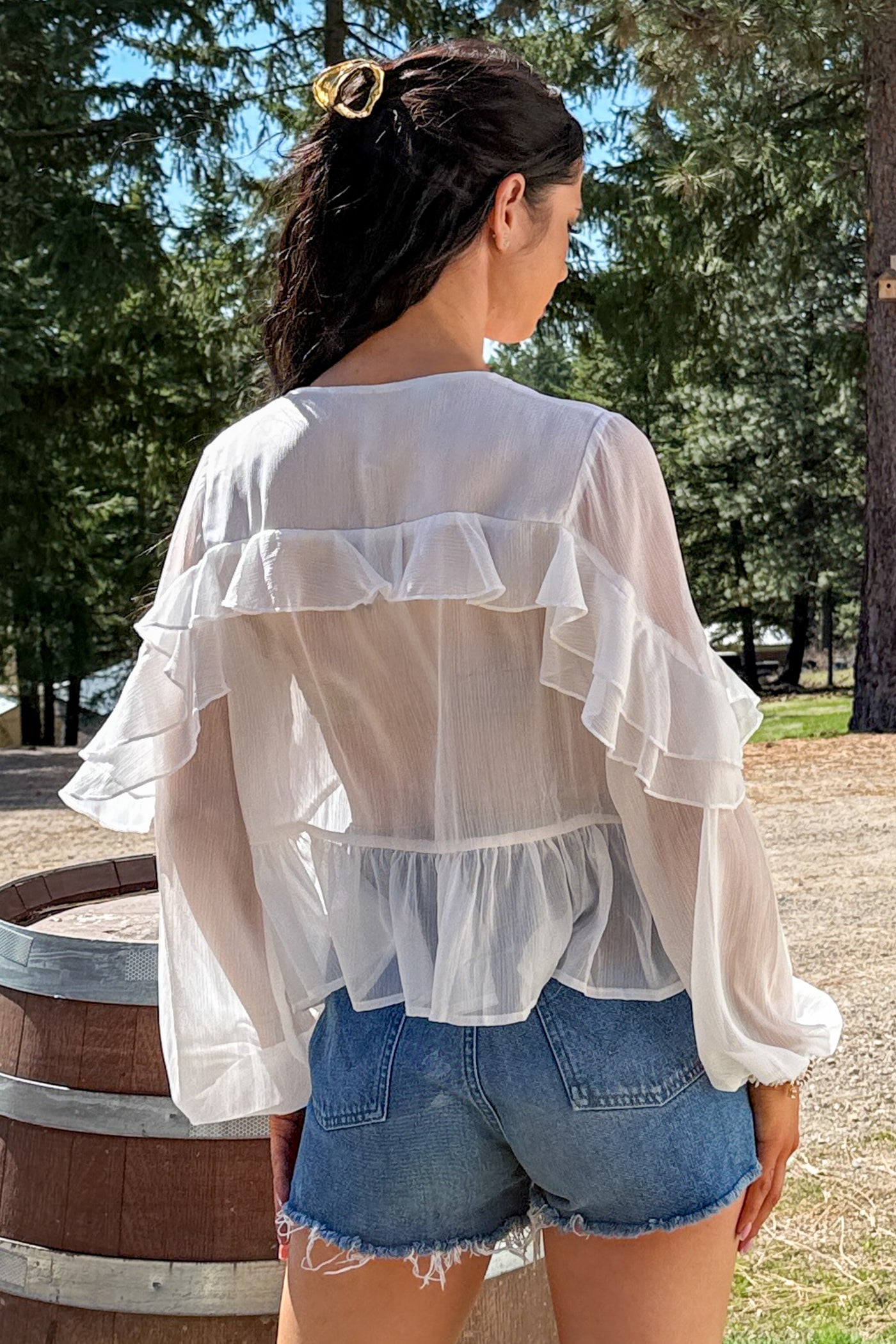 Pretty Mischief Pintuck Open Tie Front Peplum Blouse (Ivory) - NanaMacs