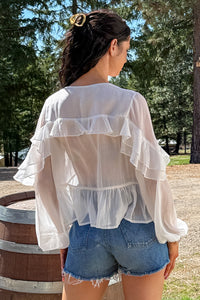 Pretty Mischief Pintuck Open Tie Front Peplum Blouse (Ivory) - NanaMacs