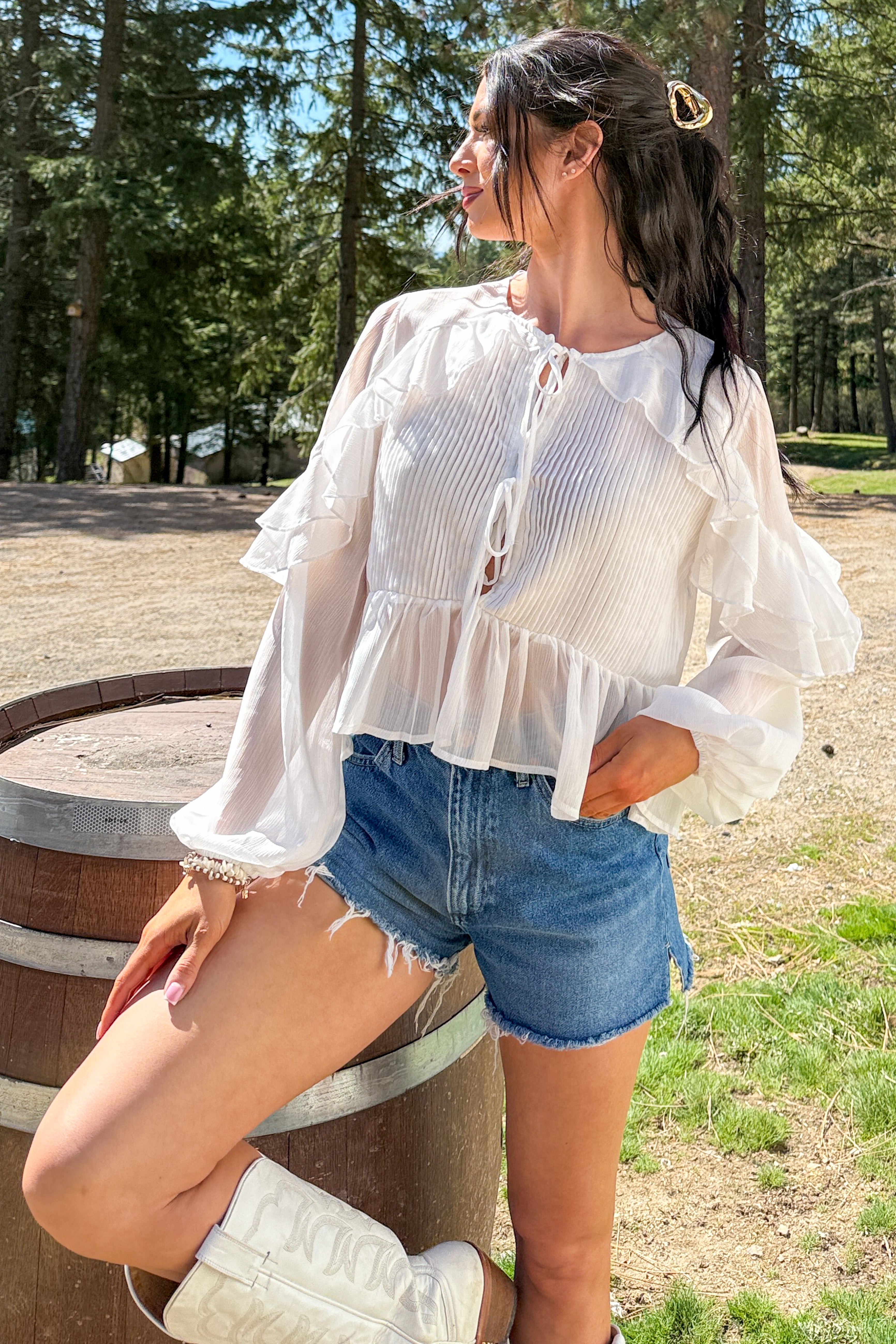 Pretty Mischief Pintuck Open Tie Front Peplum Blouse (Ivory) - NanaMacs