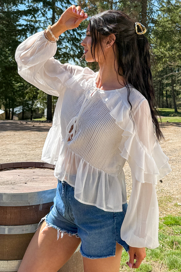 Pretty Mischief Pintuck Open Tie Front Peplum Blouse (Ivory) - NanaMacs