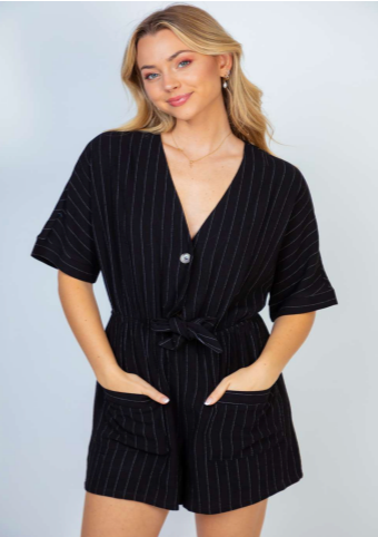 PREORDER Ethan Striped Short Sleeve Romper (Black) - NanaMacs