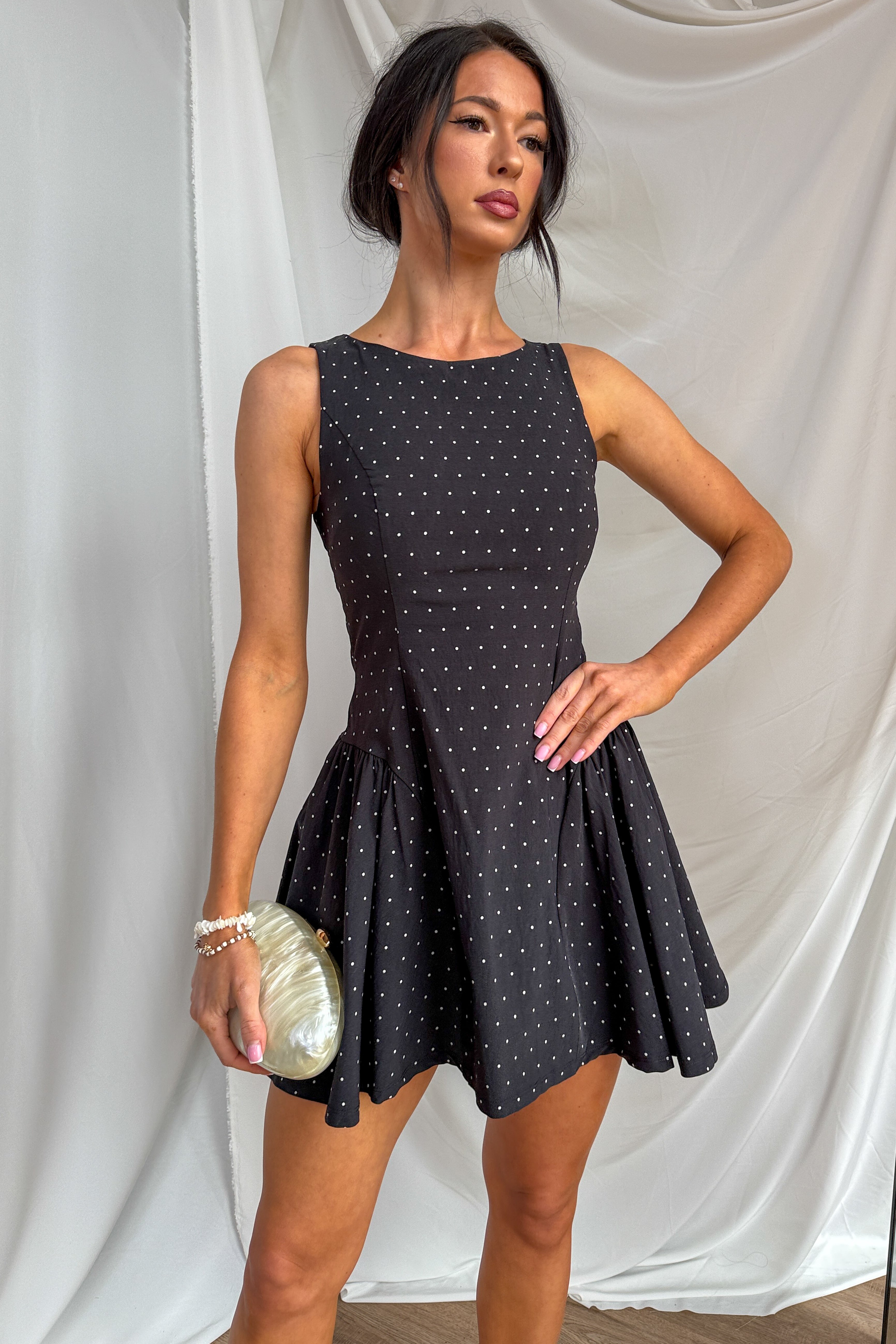 Retro Casual Polka Dot Flare Skirt Mini Dress (Black/White) - NanaMacs