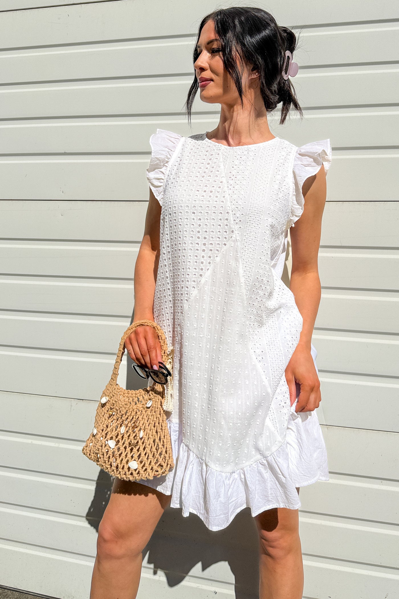 Rooted In Love Eyelet Swiss Dot Cotton Mini Dress (White) - NanaMacs