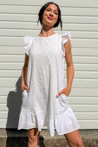 Rooted In Love Eyelet Swiss Dot Cotton Mini Dress (White) - NanaMacs