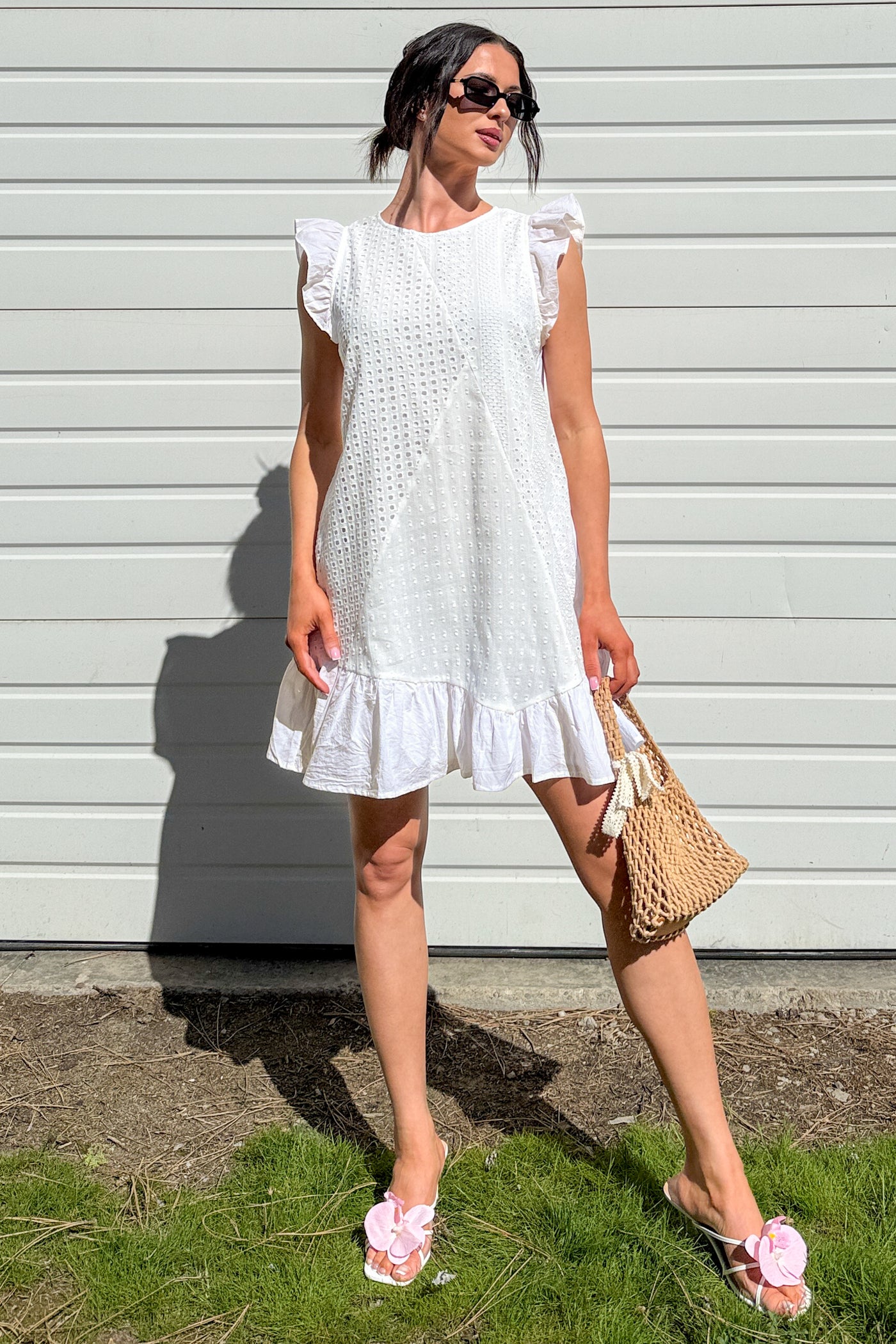 Rooted In Love Eyelet Swiss Dot Cotton Mini Dress (White) - NanaMacs
