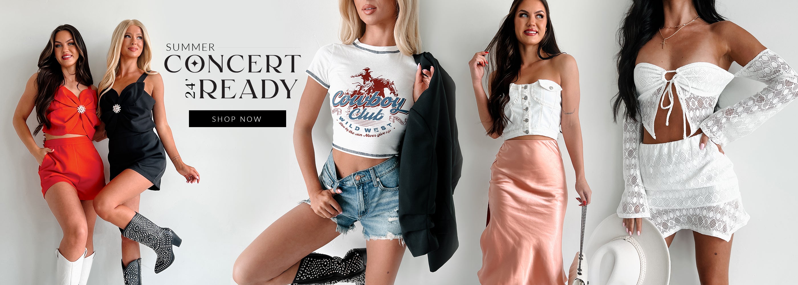 Collage of models wearing western and summer concert outfits. Headline says "Summer Concert Ready 24'" Call to action says "Shop Now" and links to the Summer Concert Outfits collection.