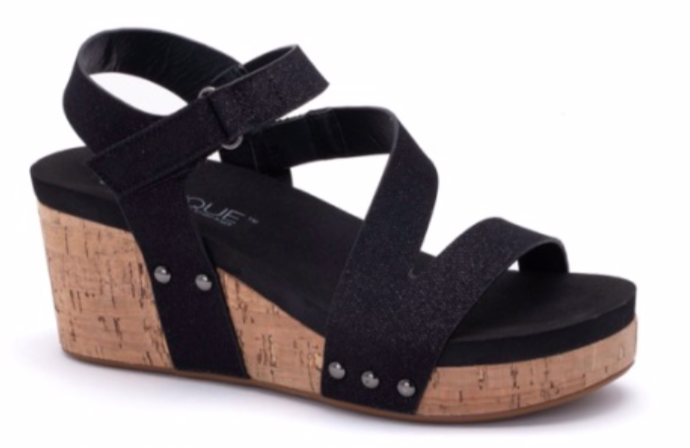 PREORDER Aziza Cork Wedge Sandals (Black Shimmer) - NanaMacs