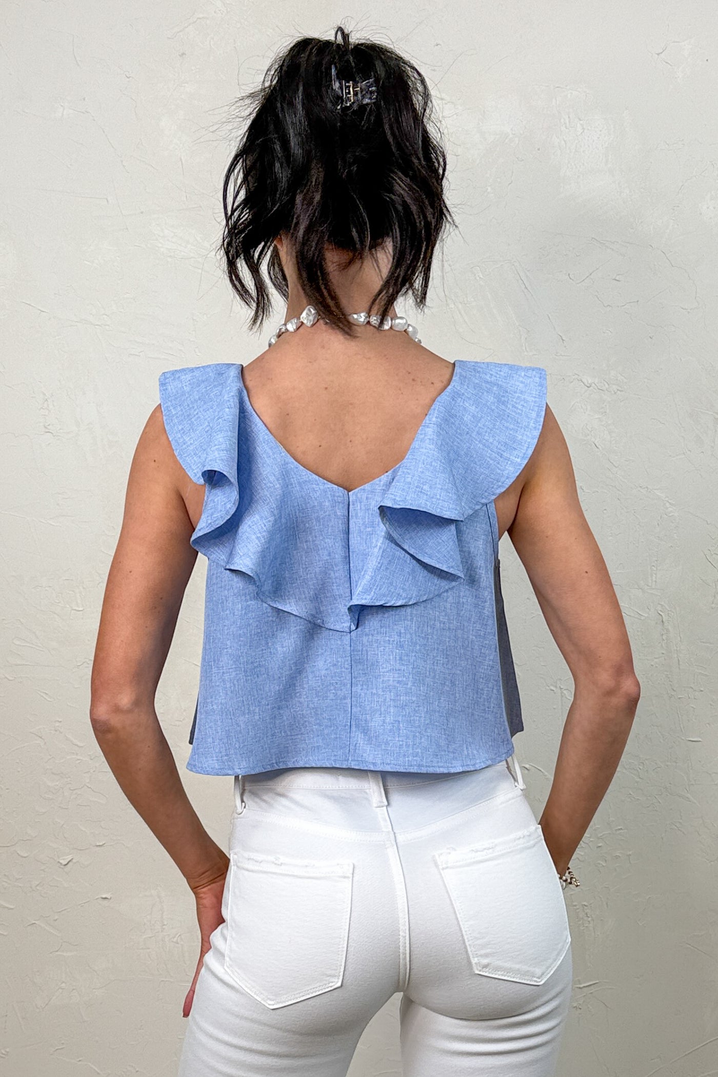 Sweet Awakening Ruffle V Neck Cropped Blouse (Lt Blue)