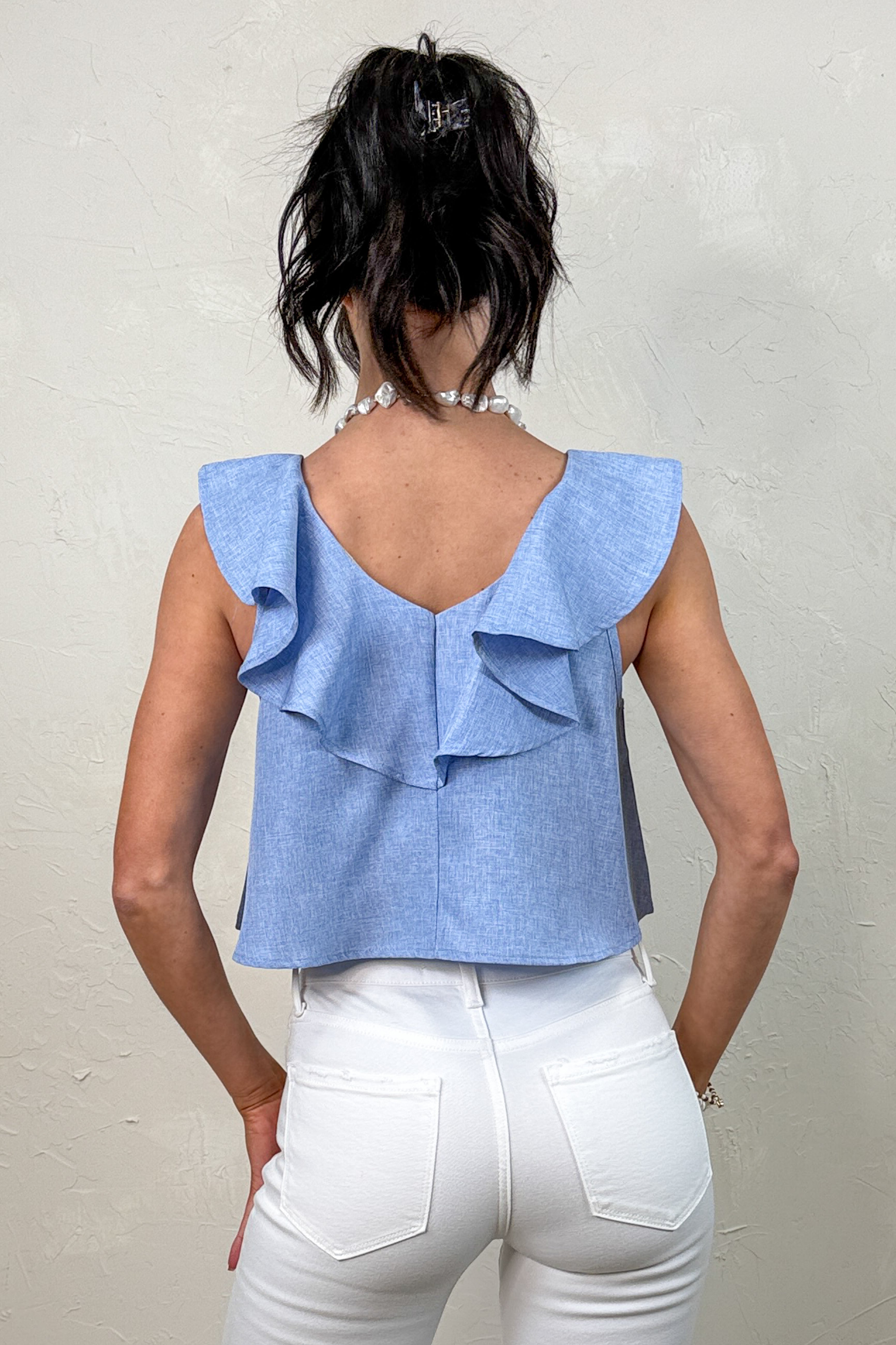 Sweet Awakening Ruffle V Neck Cropped Blouse (Lt Blue)
