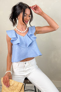 Sweet Awakening Ruffle V Neck Cropped Blouse (Lt Blue)