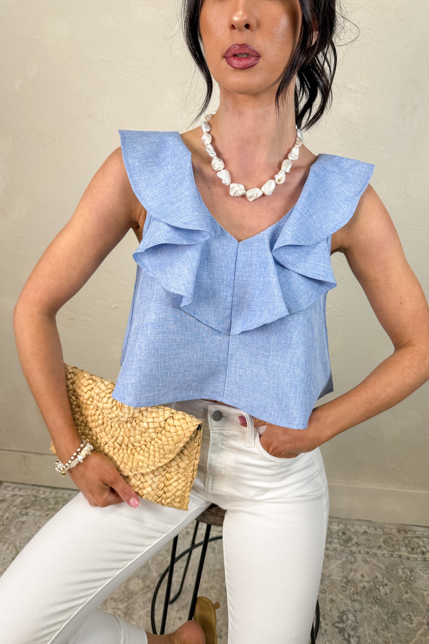 Sweet Awakening Ruffle V Neck Cropped Blouse (Lt Blue)