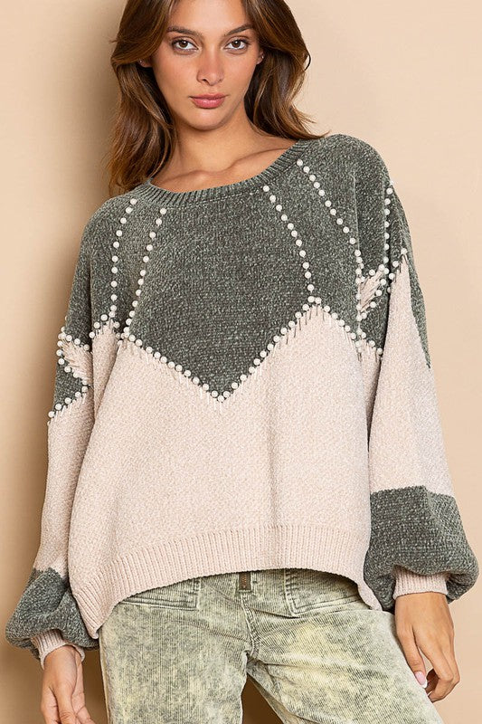 Katie Pearl Embellished Colorblock Sweater (Smoke Green) - NanaMacs