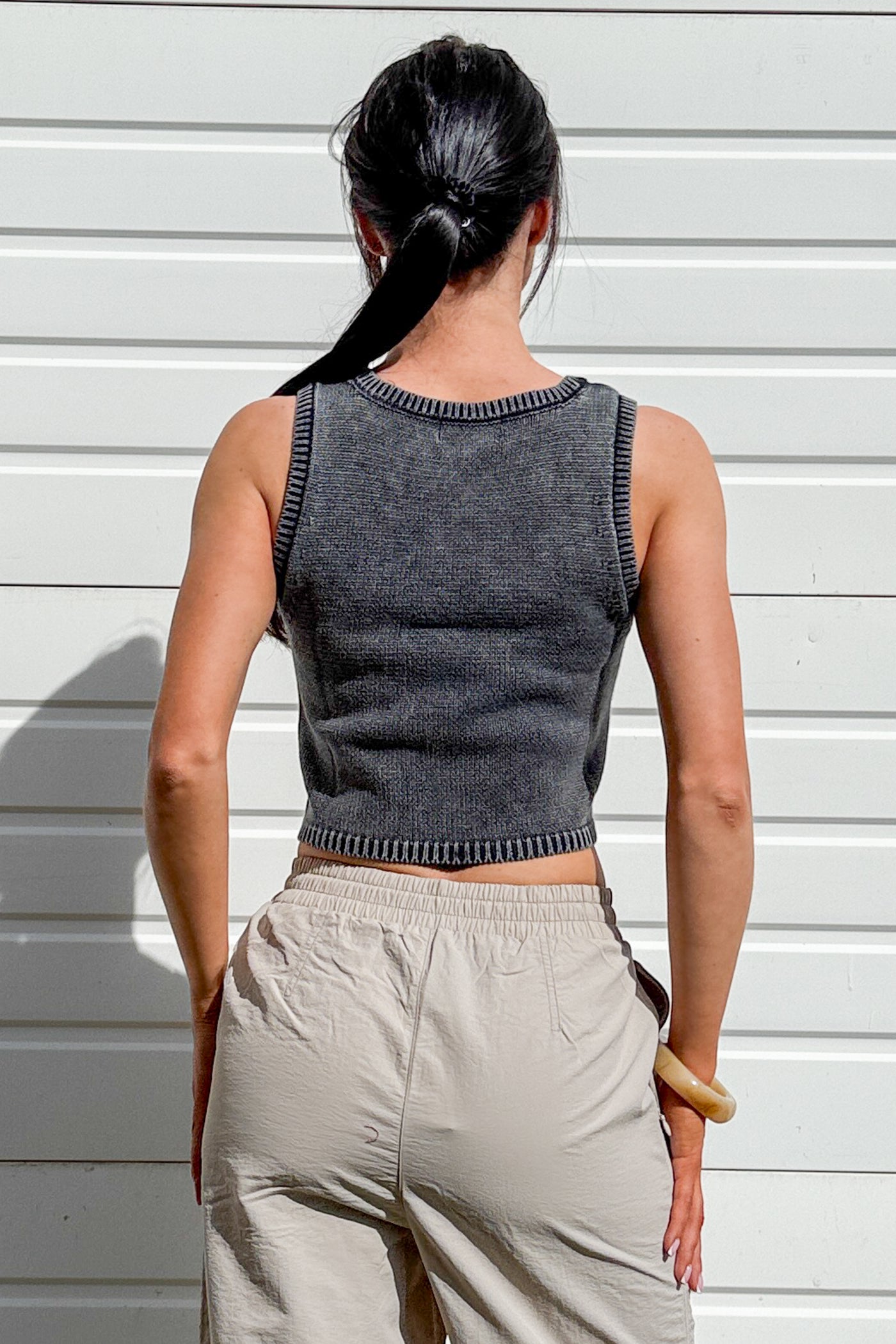 The Comfort Edit Cable Knit Cotton Crop Tank Top (Washed Grey) - NanaMacs