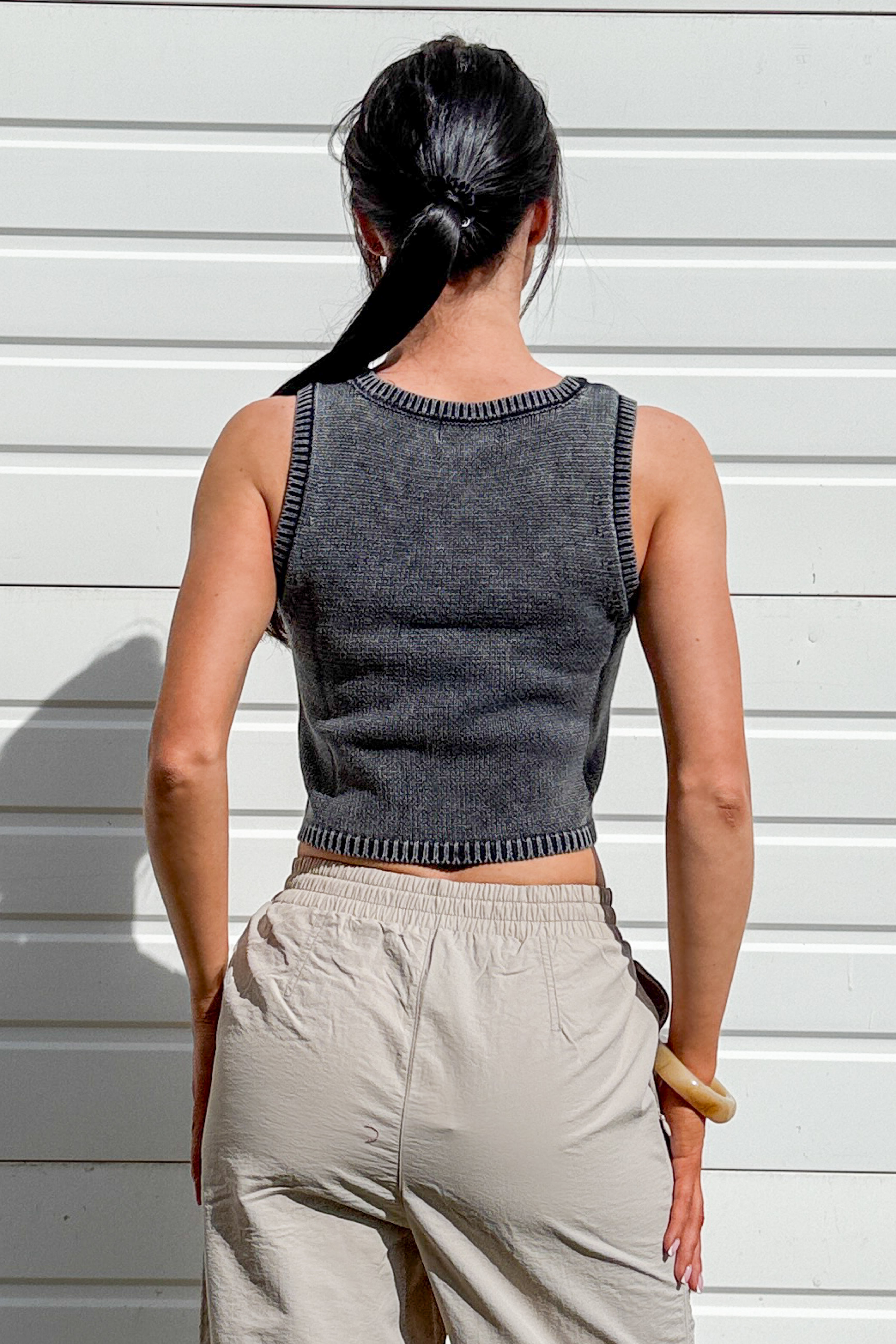 The Comfort Edit Cable Knit Cotton Crop Tank Top (Washed Grey) - NanaMacs