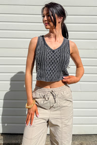 The Comfort Edit Cable Knit Cotton Crop Tank Top (Washed Grey) - NanaMacs