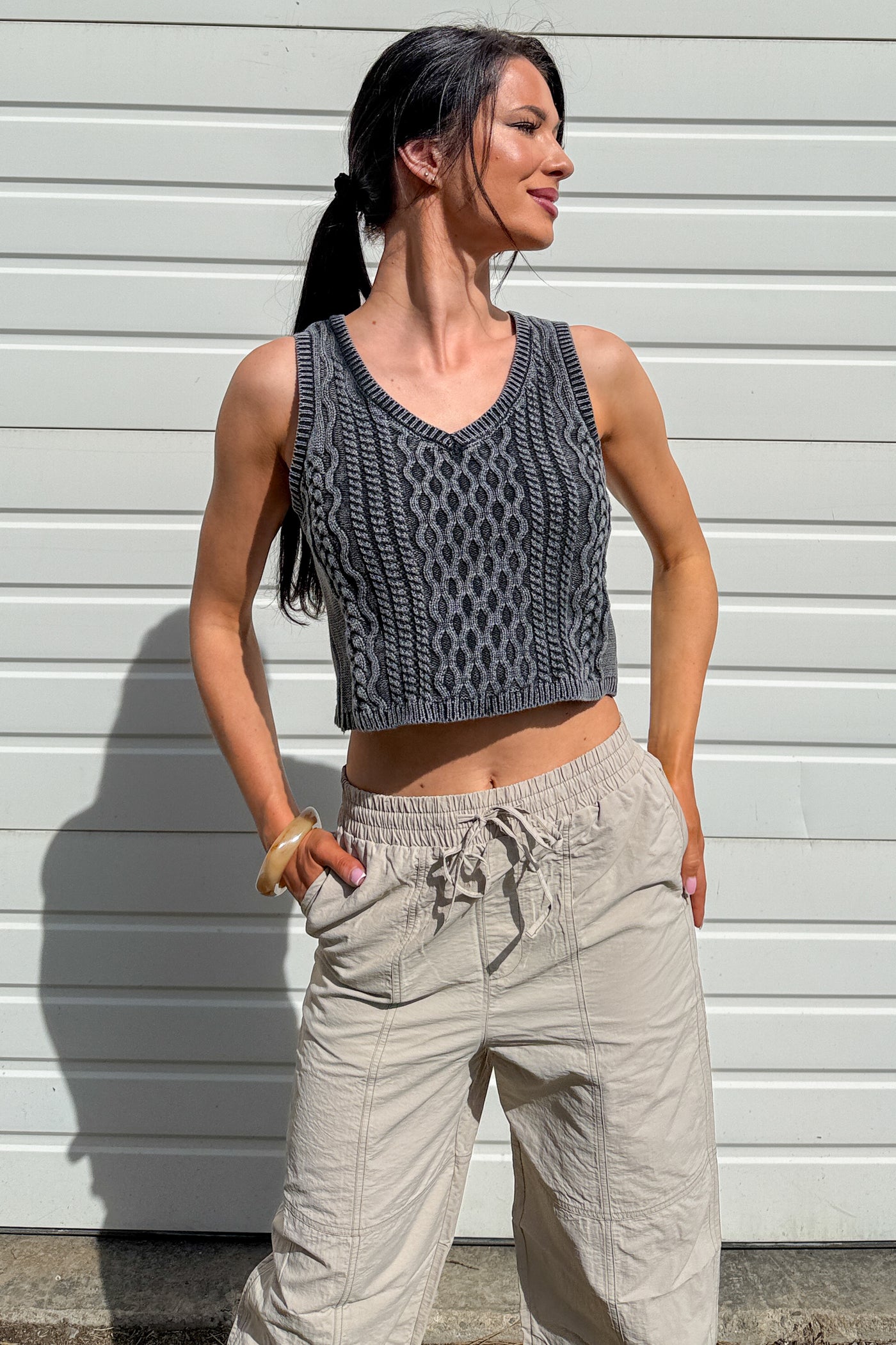 The Comfort Edit Cable Knit Cotton Crop Tank Top (Washed Grey) - NanaMacs