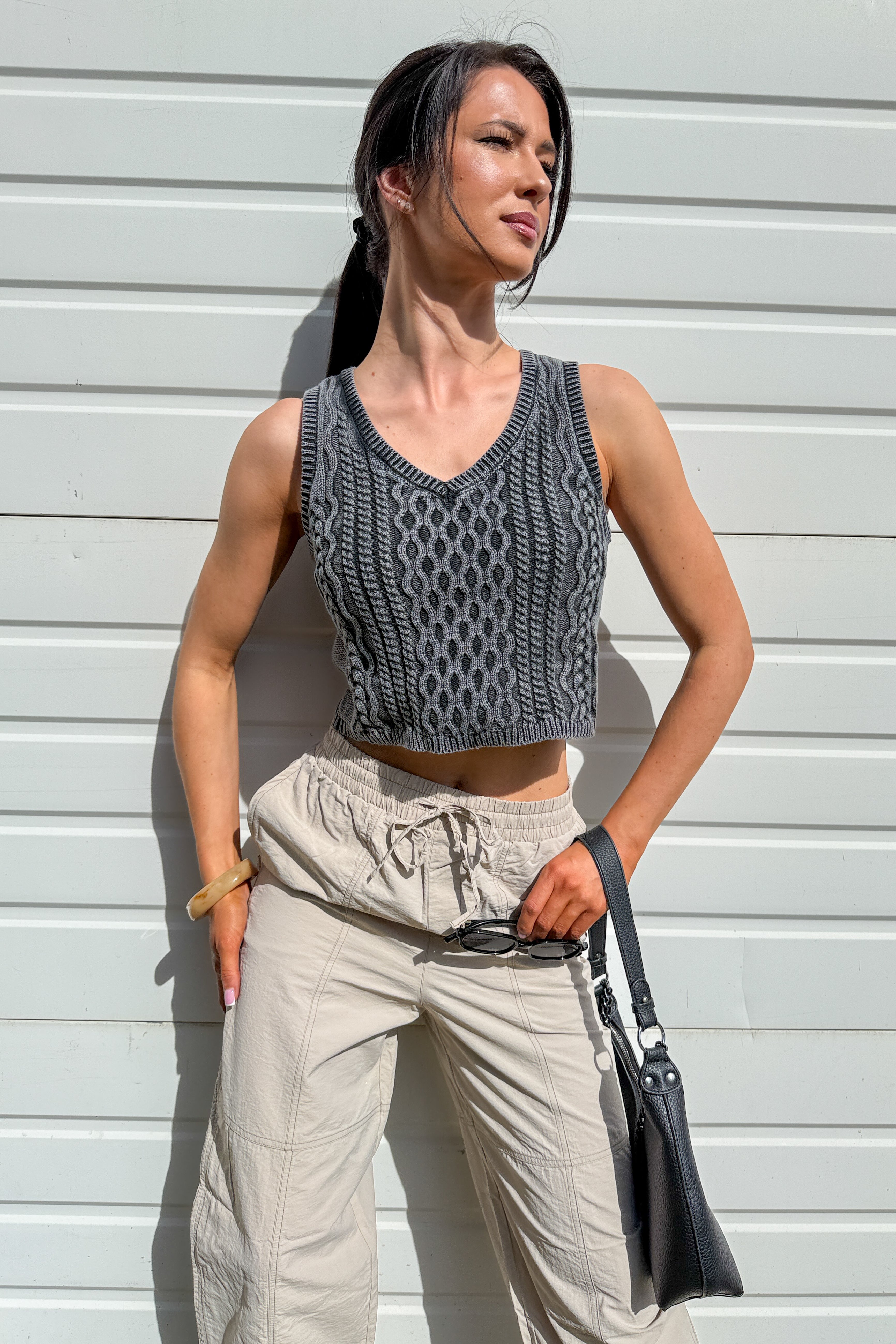 The Comfort Edit Cable Knit Cotton Crop Tank Top (Washed Grey) - NanaMacs