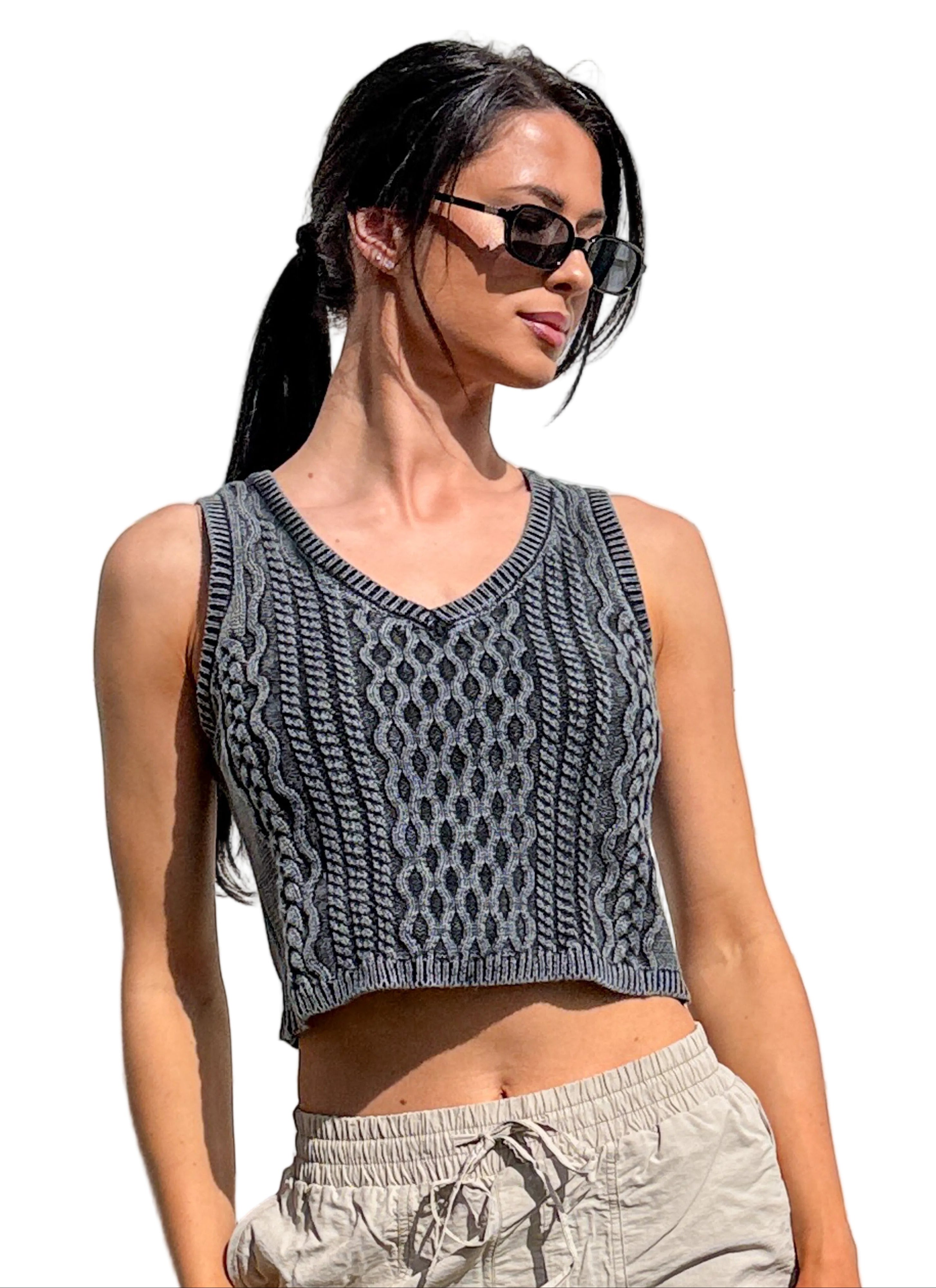 The Comfort Edit Cable Knit Cotton Crop Tank Top (Washed Grey