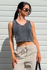 The Comfort Edit Cable Knit Cotton Crop Tank Top (Washed Grey) - NanaMacs