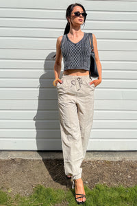 The Comfort Edit Cable Knit Cotton Crop Tank Top (Washed Grey) - NanaMacs