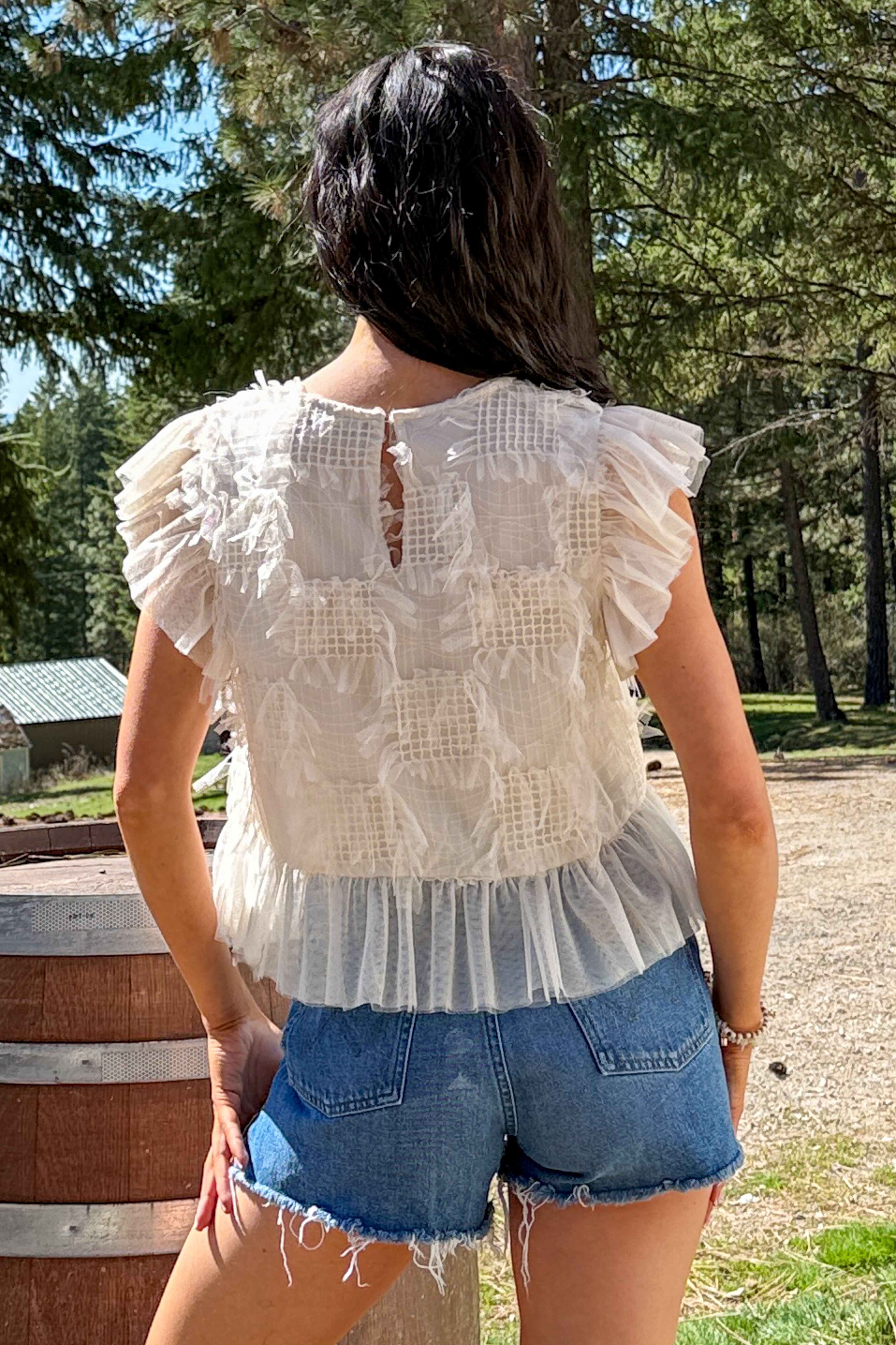 Tranquil Vibes Ruffle Mesh Top (Cream) - NanaMacs
