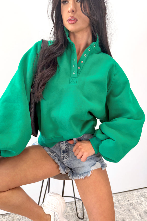 Turning The Page Snap-Button Pullover Sweatshirt (Green) - NanaMacs