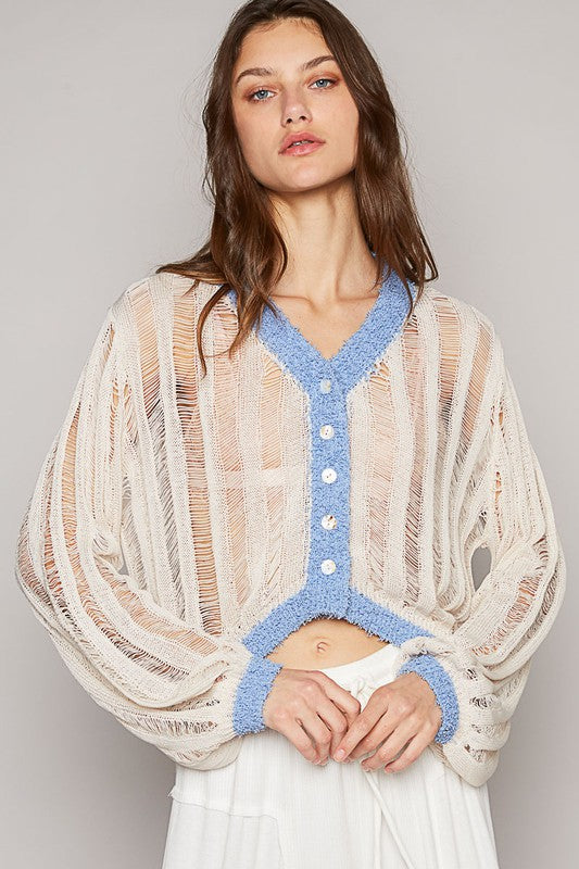 PREORDER Chandler Open Weave Crop Cardigan Top (White/Light Blue) - NanaMacs