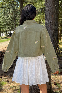 Under The Sun Floral Denim Cropped Shacket (Olive) - NanaMacs