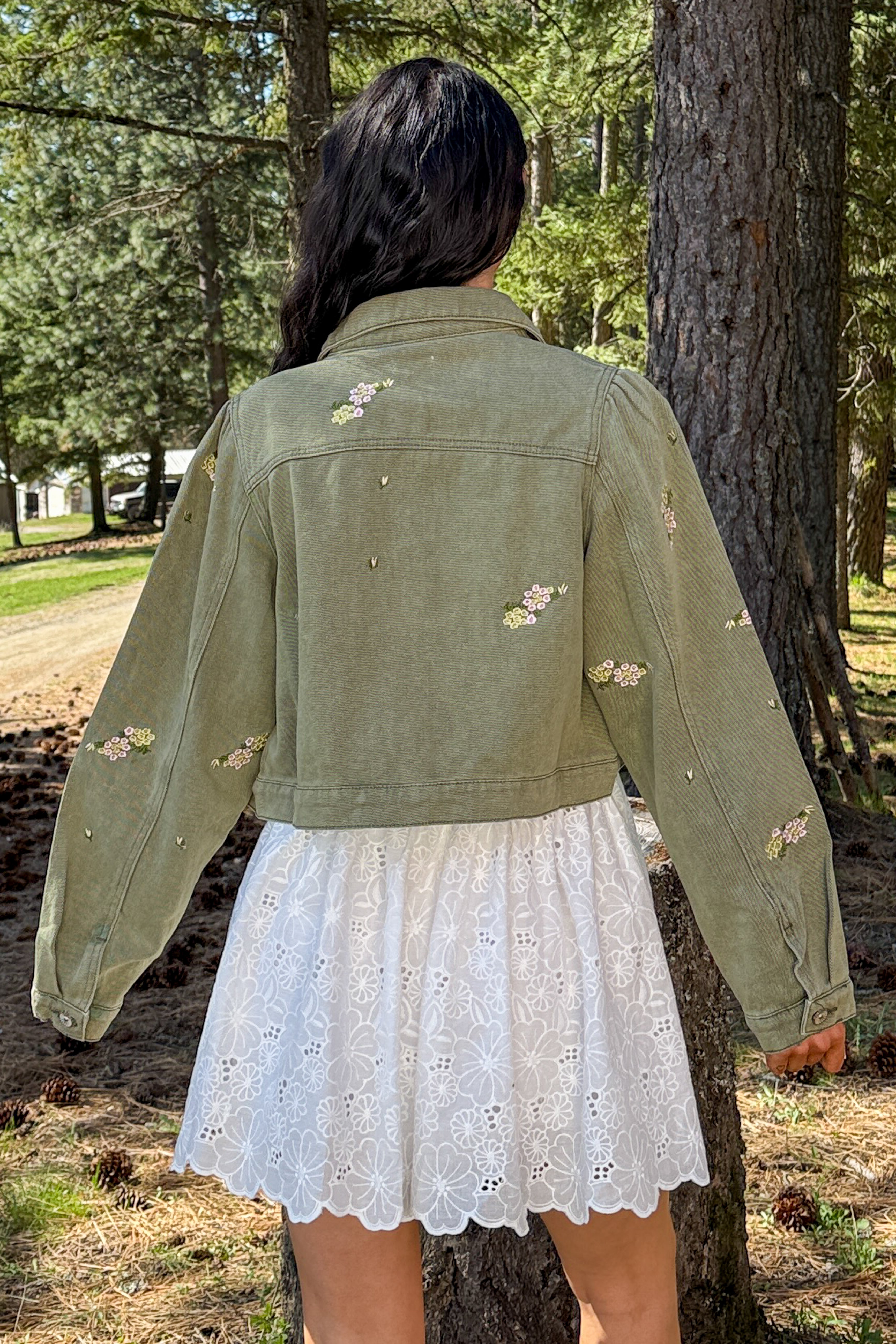 Under The Sun Floral Denim Cropped Shacket (Olive) - NanaMacs