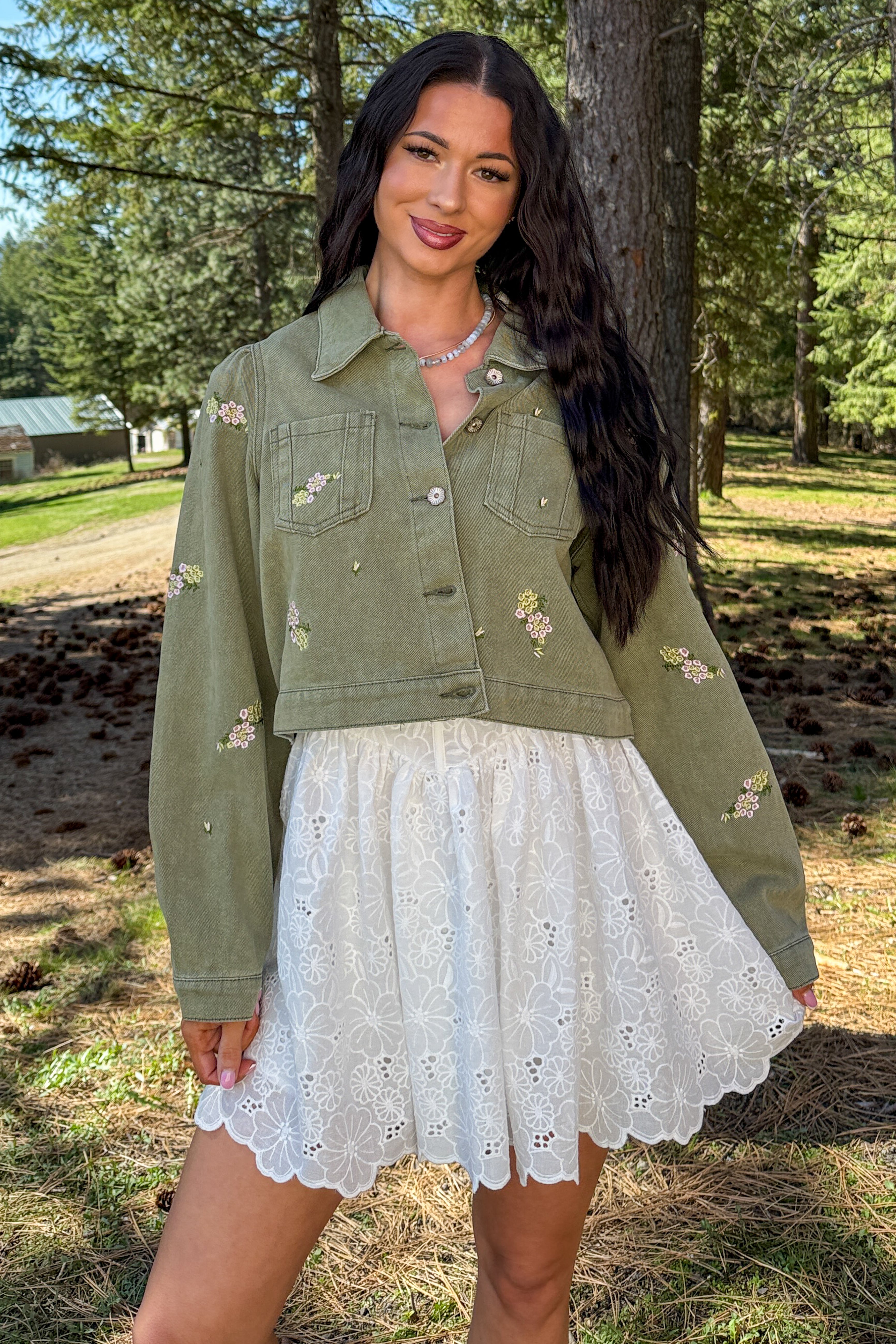 Under The Sun Floral Denim Cropped Shacket (Olive) - NanaMacs