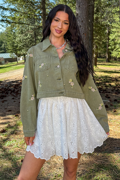 Under The Sun Floral Denim Cropped Shacket (Olive) - NanaMacs