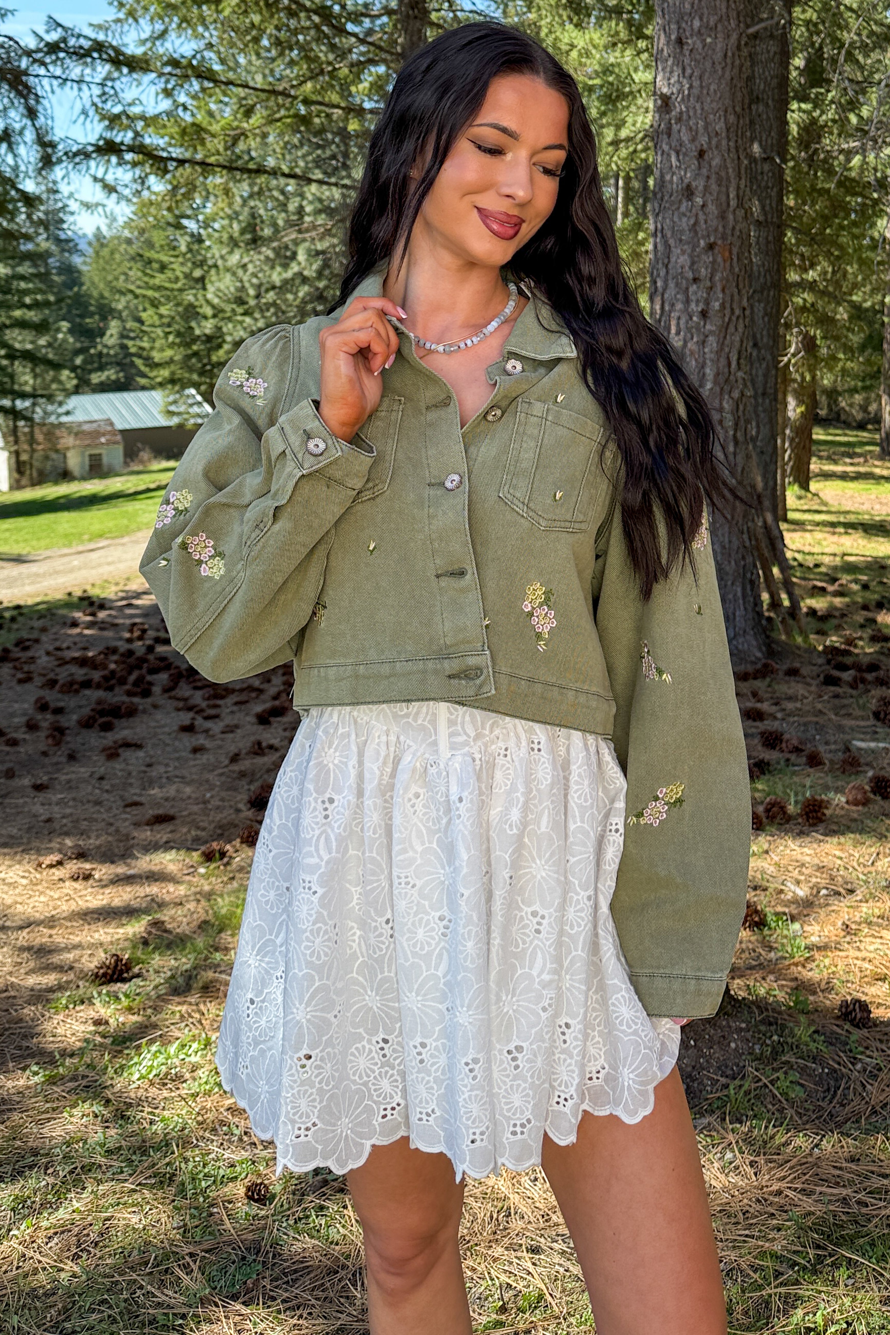 Under The Sun Floral Denim Cropped Shacket (Olive) - NanaMacs