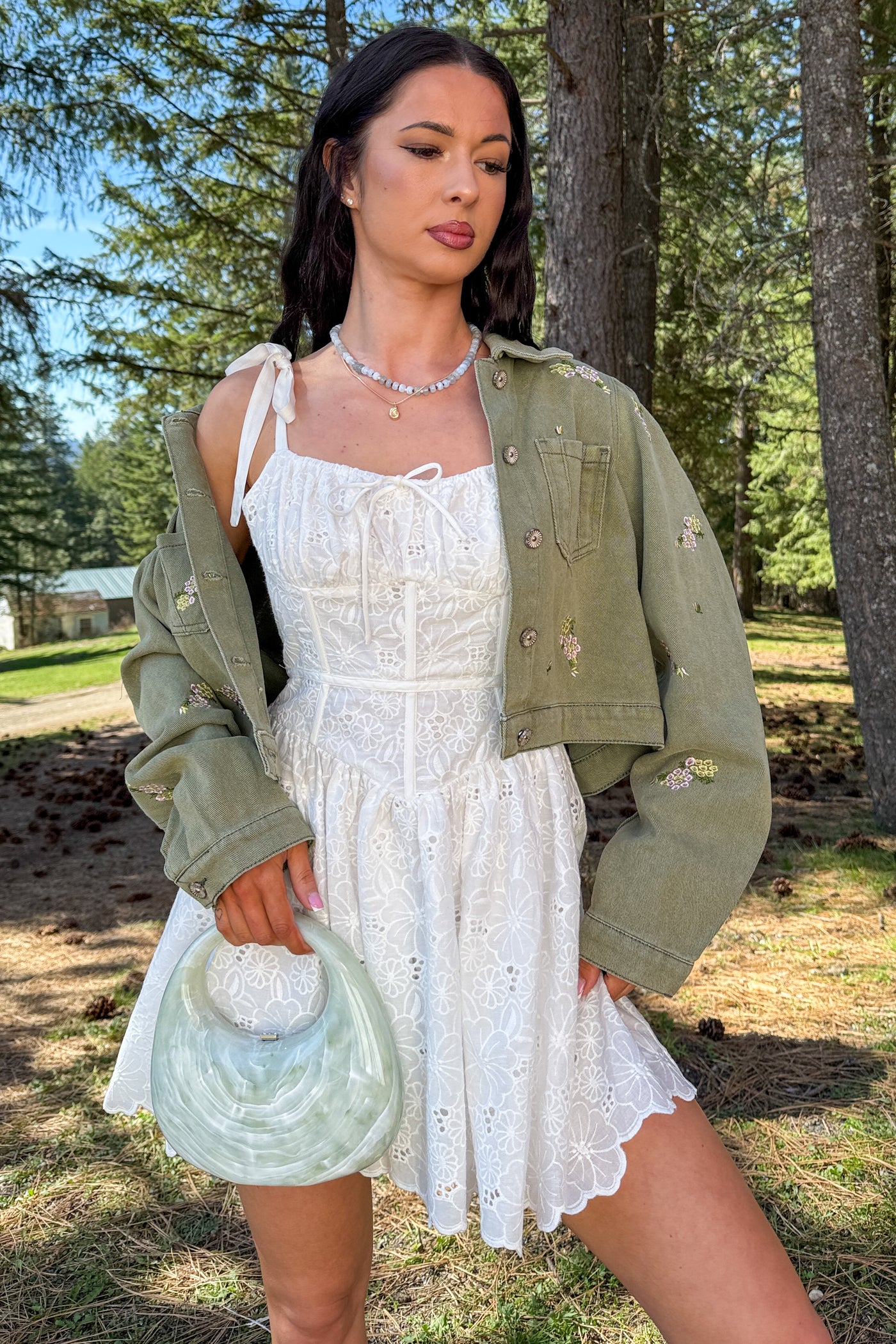 Under The Sun Floral Denim Cropped Shacket (Olive) - NanaMacs