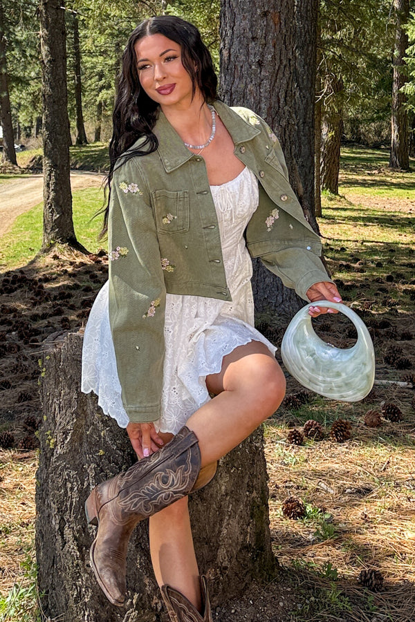 Under The Sun Floral Denim Cropped Shacket (Olive) - NanaMacs