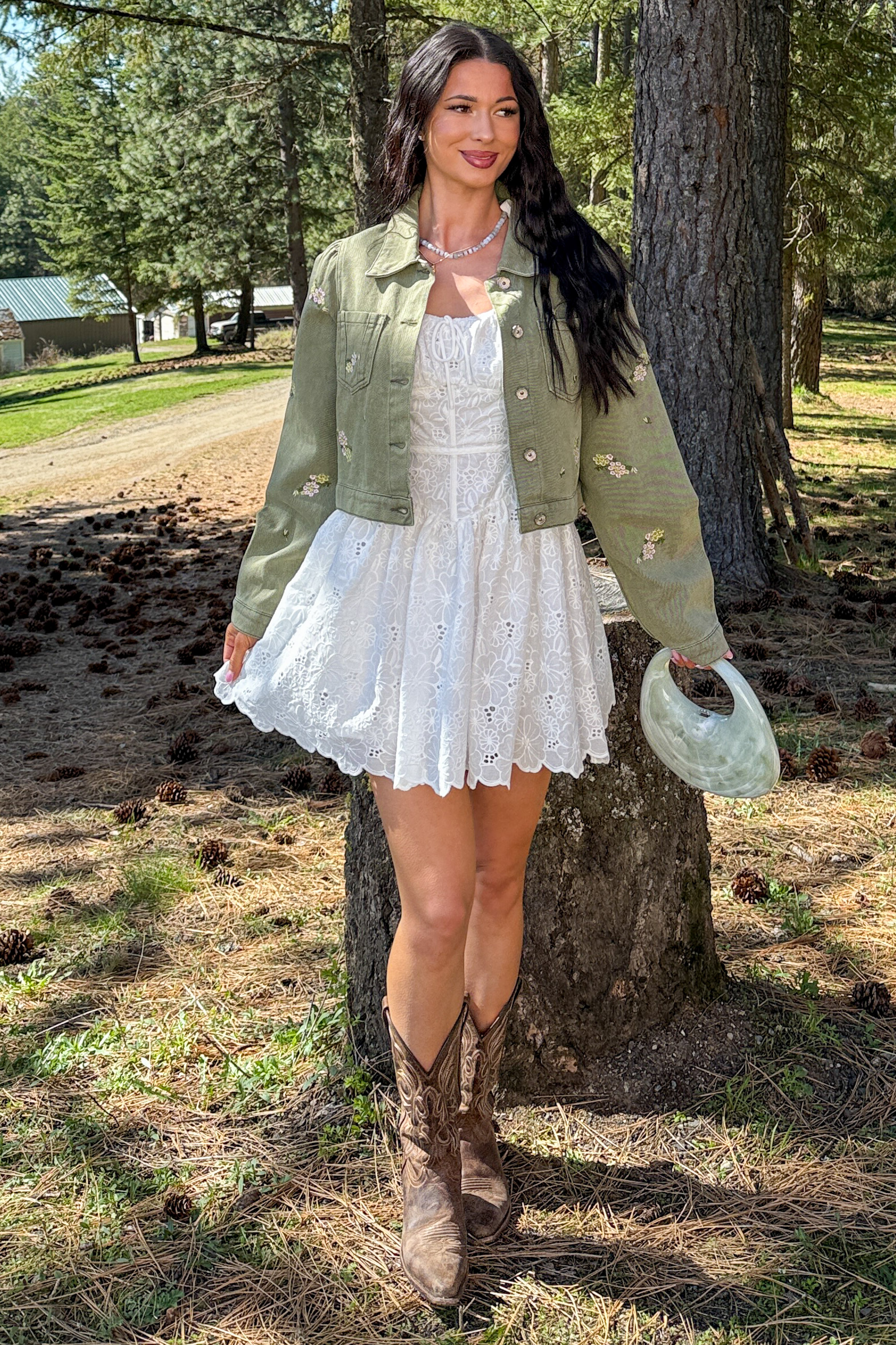 Under The Sun Floral Denim Cropped Shacket (Olive) - NanaMacs