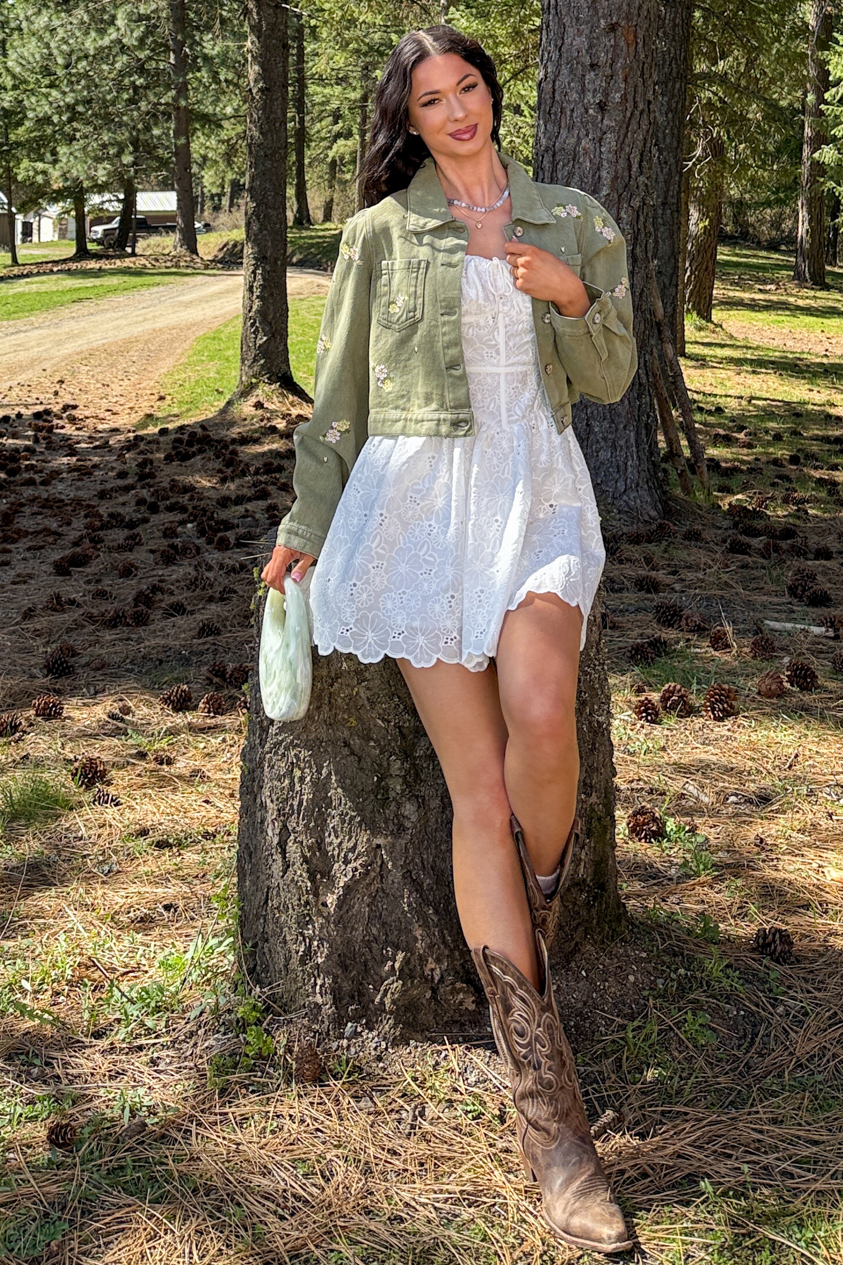 Under The Sun Floral Denim Cropped Shacket (Olive) - NanaMacs