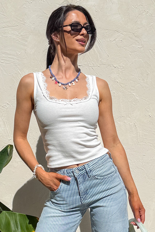 Understated Beauty Lace Trimmed Tank Top (White) - NanaMacs