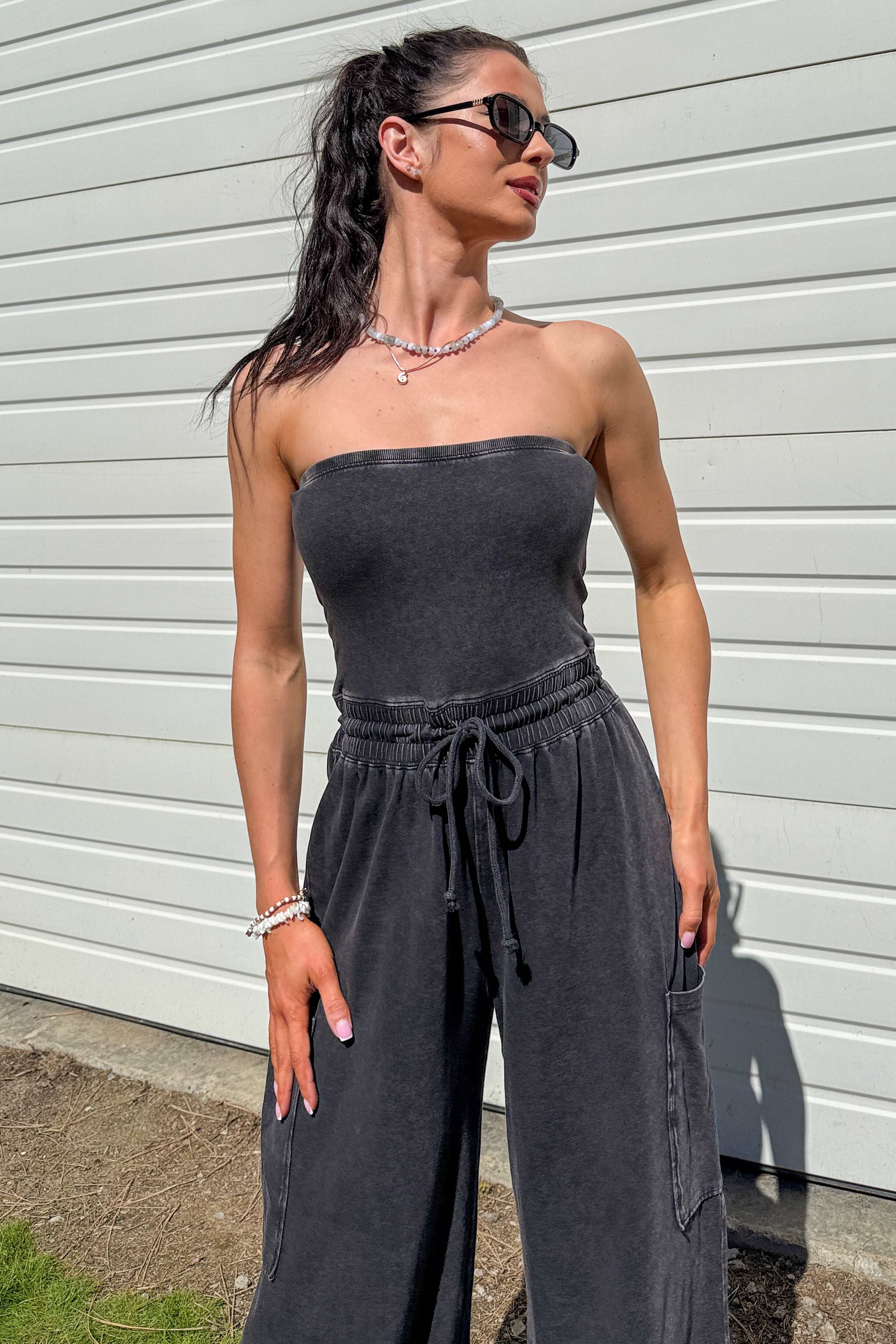 Weekend Uniform Strapless Mineral Wash Jumpsuit (Black) - NanaMacs