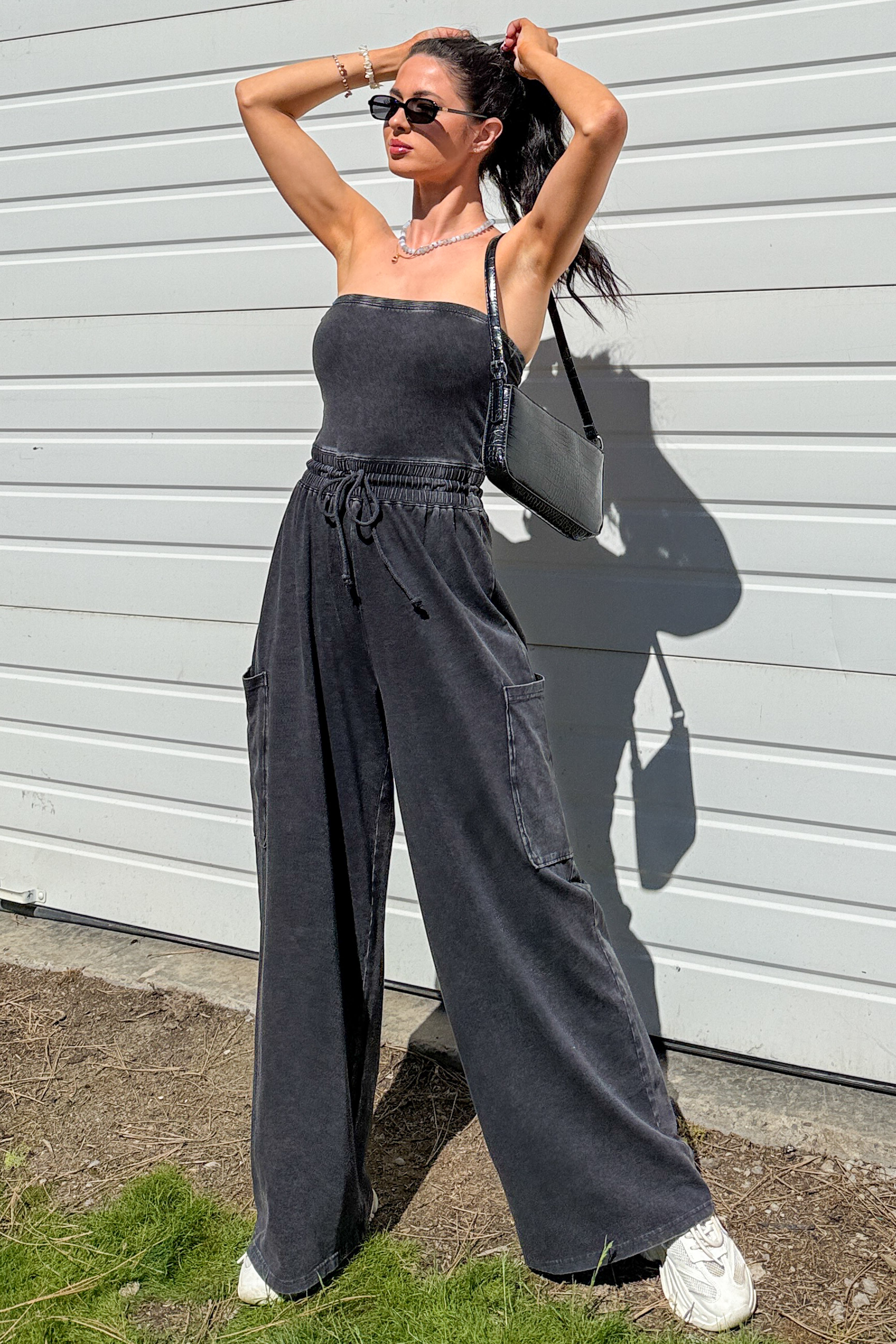 Weekend Uniform Strapless Mineral Wash Jumpsuit (Black) - NanaMacs