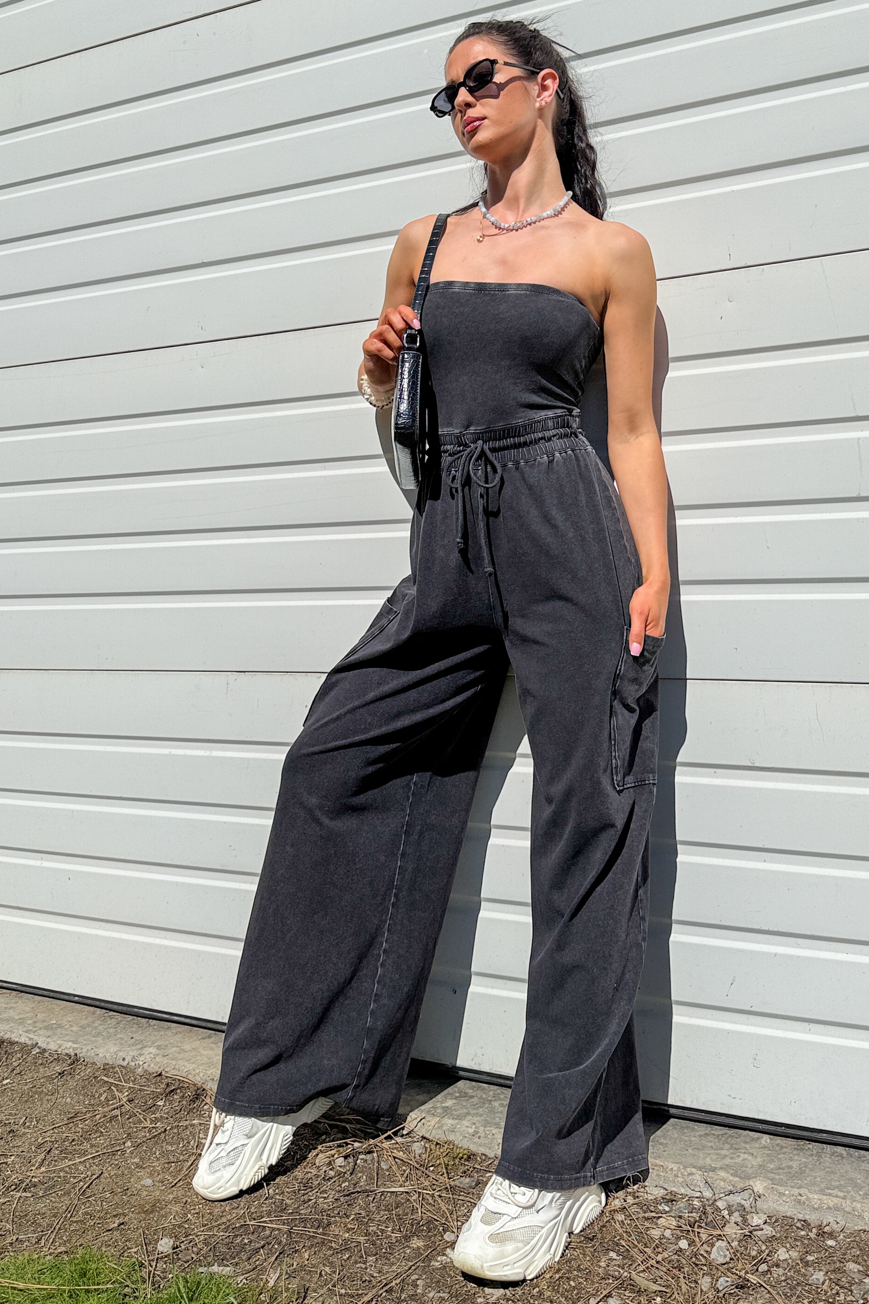 Weekend Uniform Strapless Mineral Wash Jumpsuit (Black) - NanaMacs
