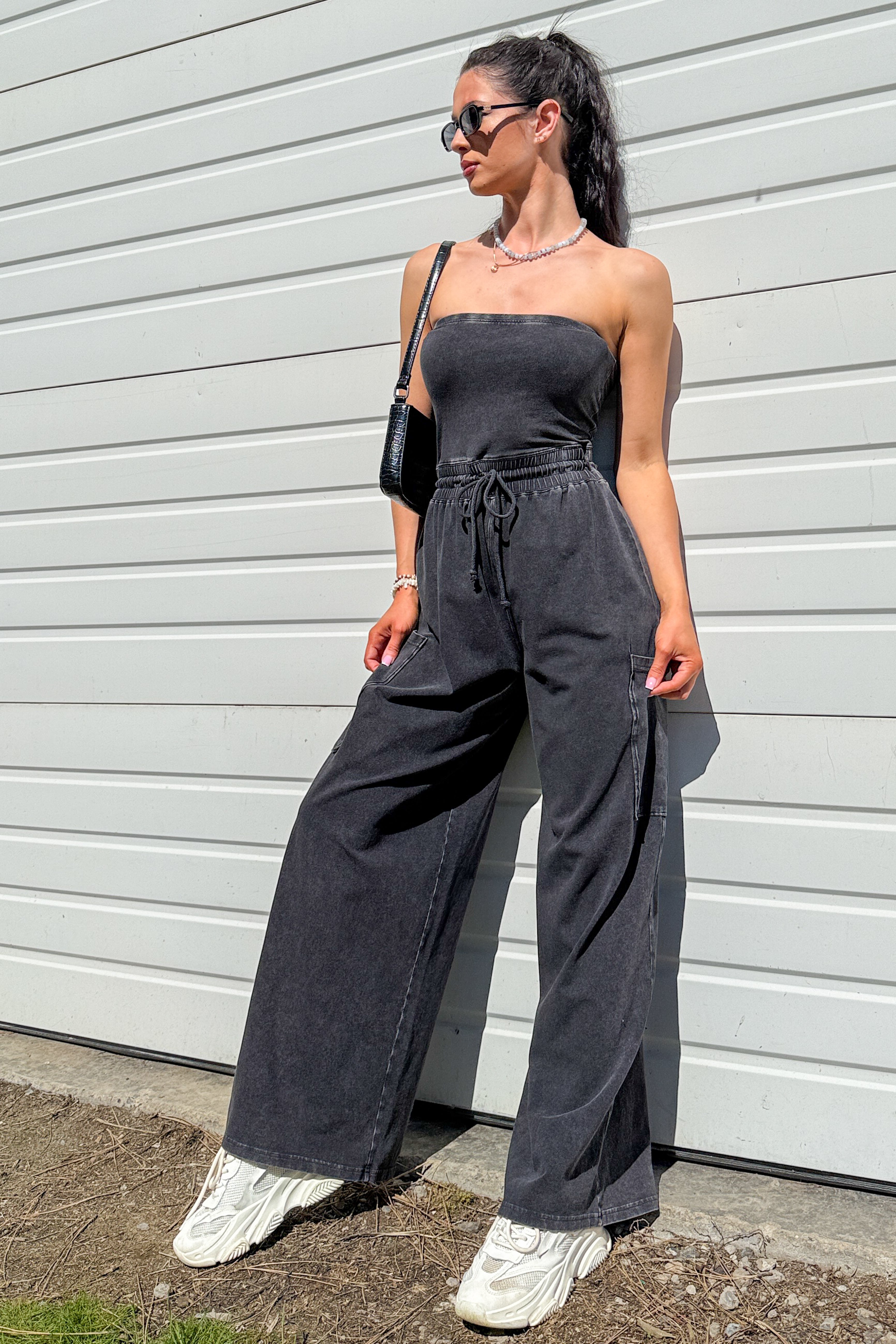 Weekend Uniform Strapless Mineral Wash Jumpsuit (Black) - NanaMacs