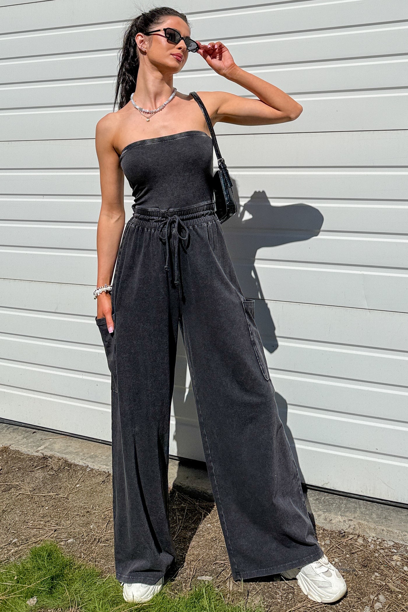 Weekend Uniform Strapless Mineral Wash Jumpsuit (Black) - NanaMacs