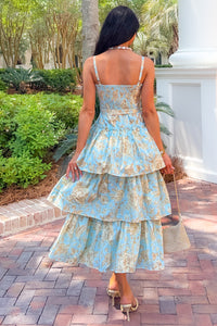 Wildflower Heart Tiered Sleeveless Cotton Midi Dress (Blue) - NanaMacs