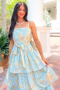 Wildflower Heart Tiered Sleeveless Cotton Midi Dress (Blue) - NanaMacs