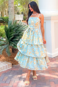 Wildflower Heart Tiered Sleeveless Cotton Midi Dress (Blue) - NanaMacs