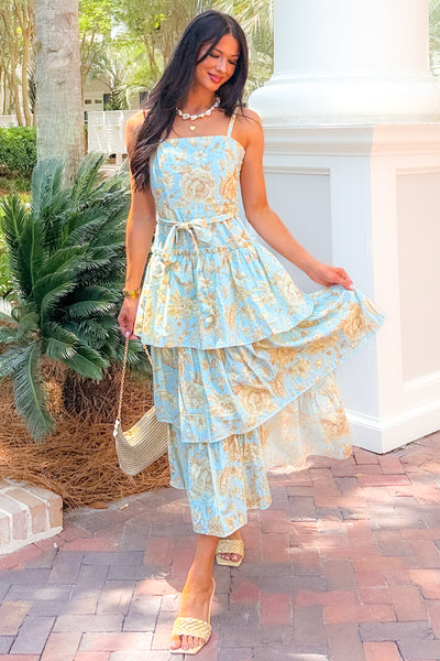 Wildflower Heart Tiered Sleeveless Cotton Midi Dress (Blue) - NanaMacs